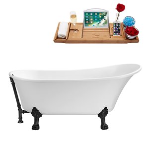 Streamline 27W x 55L Glossy White Acrylic Clawfoot Bathtub with Matte Black Feet and Reversible Drain with Tray