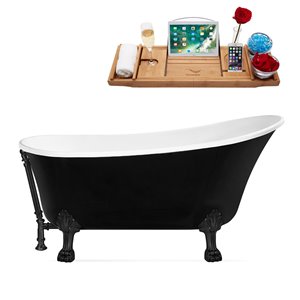 Streamline 32W x 67L Glossy Black Acrylic Clawfoot Bathtub with Matte Black Feet and Reversible Drain with Tray