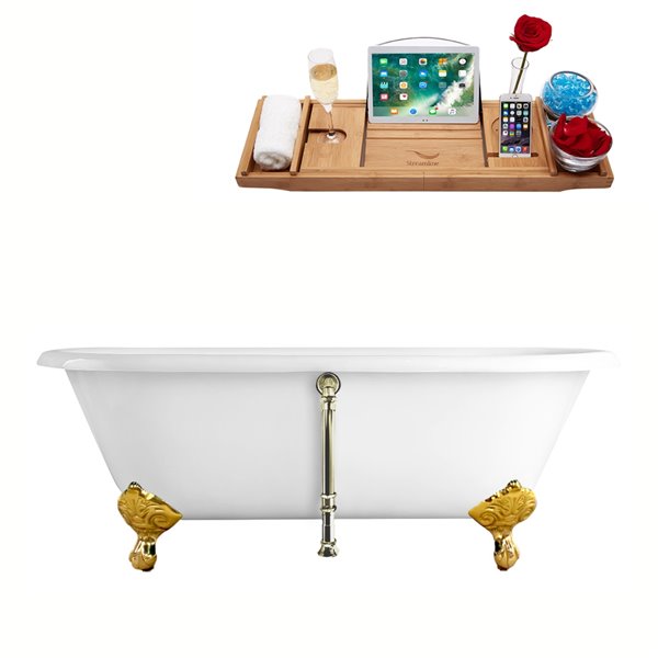 Streamline 30W x 60L Glossy White Cast Iron Clawfoot Bathtub with Polished Gold Feet and Center Drain with Tray