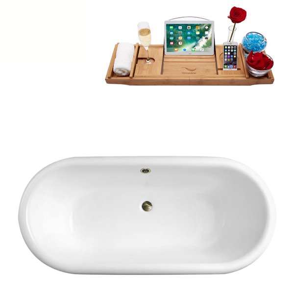 Streamline 30W x 60L Glossy White Cast Iron Clawfoot Bathtub with Polished Gold Feet and Center Drain with Tray