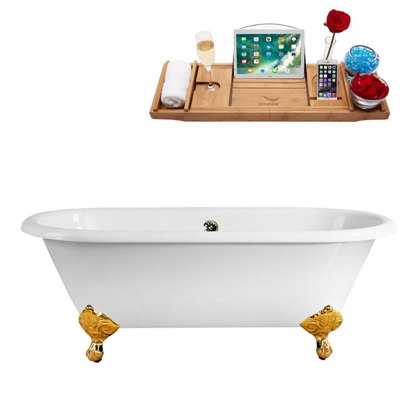 Streamline 30W x 60L Glossy White Cast Iron Clawfoot Bathtub with Polished Gold Feet and Center Drain with Tray