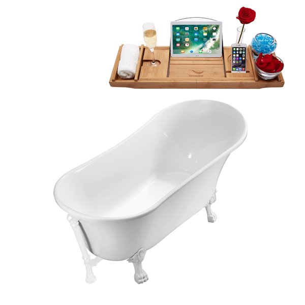 Streamline 32W x 67L Glossy White Acrylic Clawfoot Bathtub with Glossy White Feet and Reversible Drain with Tray