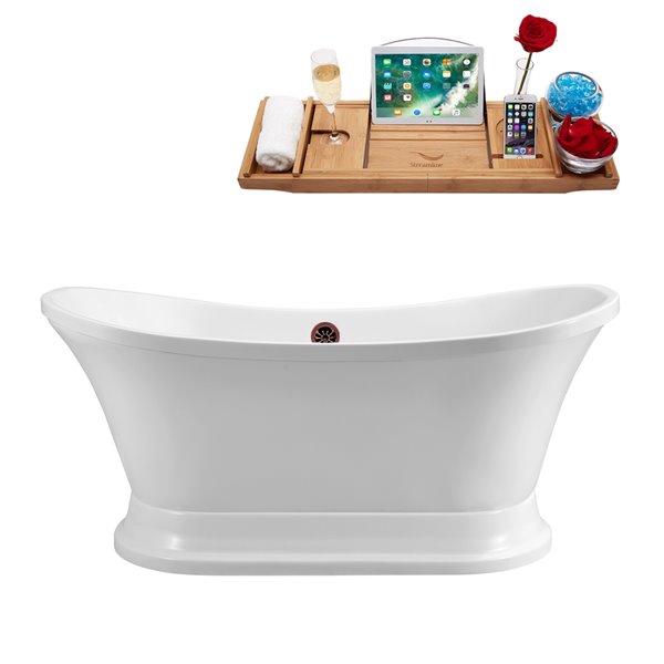 Streamline 34W x 68L Glossy White Acrylic Bathtub and a Matte Oil Rubbed Bronze Center Drain with Tray