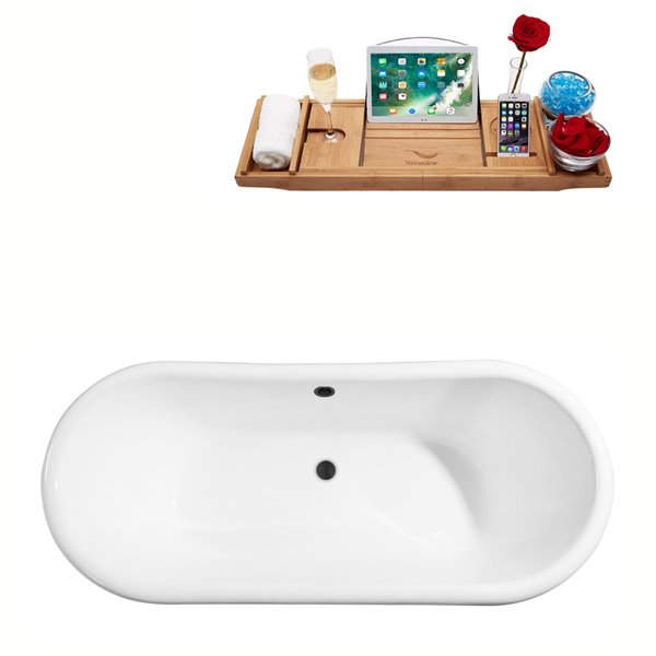 Streamline 32W x 71L Glossy White Cast Iron Clawfoot Bathtub with Polished Gold Feet and Center Drain with Tray