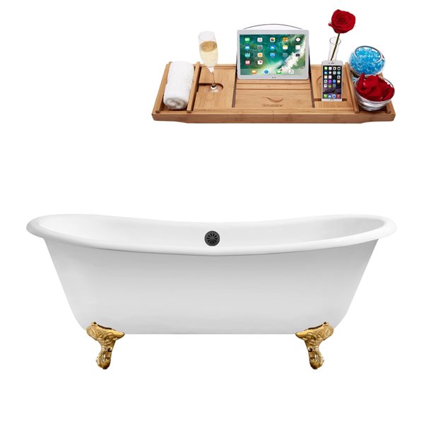 Streamline 32W x 71L Glossy White Cast Iron Clawfoot Bathtub with Polished Gold Feet and Center Drain with Tray