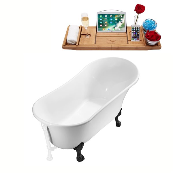 Streamline 27W x 55L Glossy White Acrylic Clawfoot Bathtub with Matte Black Feet and Reversible Drain with Tray
