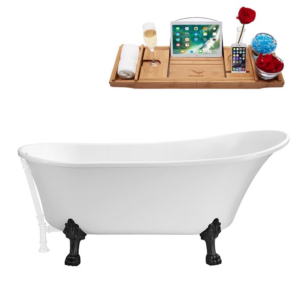 Streamline 27W x 55L Glossy White Acrylic Clawfoot Bathtub with Matte Black Feet and Reversible Drain with Tray