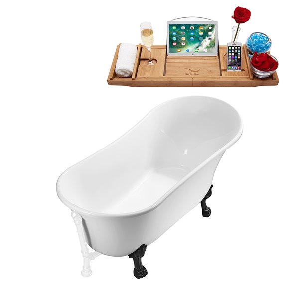 Streamline 32W x 67L Glossy White Acrylic Clawfoot Bathtub with Matte Black Feet and Reversible Drain with Tray