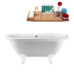 Streamline 29W x 67L Glossy White Acrylic Clawfoot Bathtub with Glossy White Feet and Center Drain with Tray