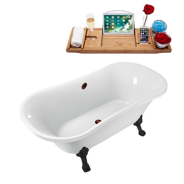 Streamline 34W x 68L Glossy White Acrylic Clawfoot Bathtub with Matte Black Feet and Center Drain with Tray