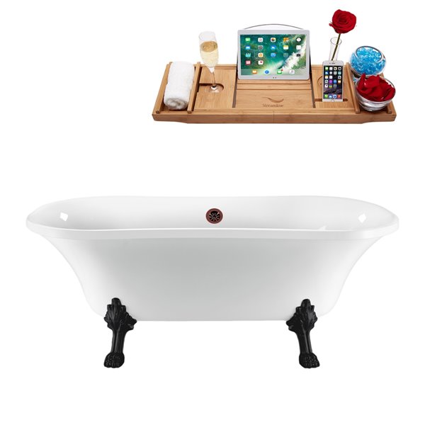 Streamline 34W x 68L Glossy White Acrylic Clawfoot Bathtub with Matte Black Feet and Center Drain with Tray