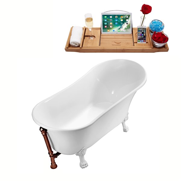 Baignoire sur pieds blanc lustré en acrylique blanc lustré Streamline de 32 po x 67 po avec drain réversible et plateau