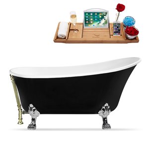 Streamline 32W x 67L Glossy Black Acrylic Clawfoot Bathtub with Polished Chrome Feet and Reversible Drain with Tray