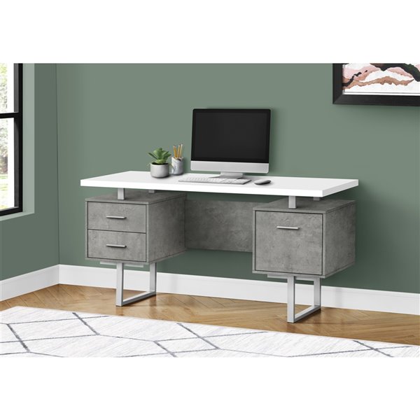 BUREAU - 60 poL / BLANC / SIMILI-CIMENT GRIS / METAL ARGENT