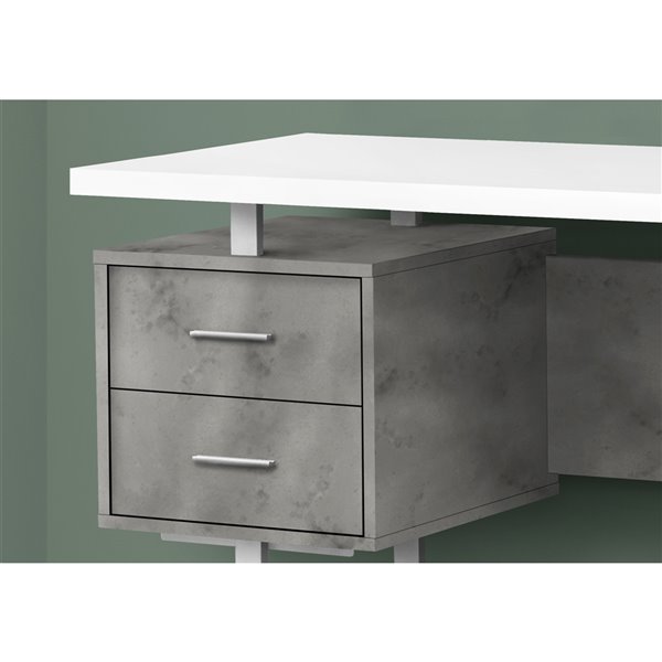 BUREAU - 60 poL / BLANC / SIMILI-CIMENT GRIS / METAL ARGENT