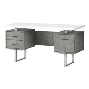 BUREAU - 60 poL / BLANC / SIMILI-CIMENT GRIS / METAL ARGENT