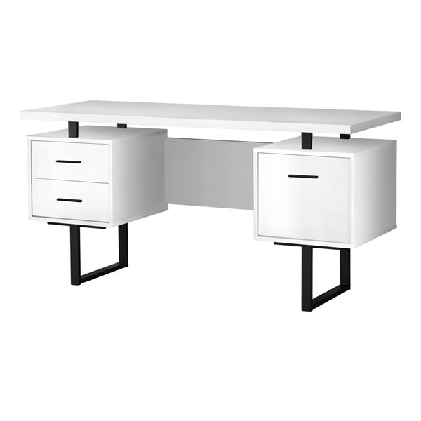 Bureau d'ordinateur 60 po l. x 23,75 po P. x 30,25 po H. 2 tiroirs et 1 tiroir classeur blanc et métal noir