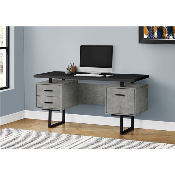 COMPUTER DESK - 60-inL / BLACK / GREY CONCRETE/ BLACK METAL