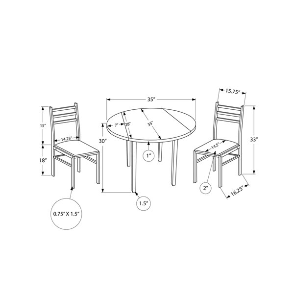 Monarch Specialties Dark Taupe and Black Dining Room Set with 35-in Round Drop-Leaf Table and 2 chairs