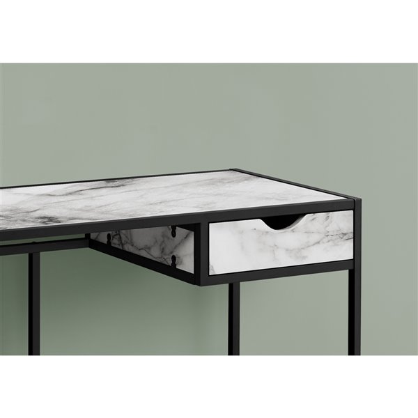 COMPUTER DESK - 42-inL / WHITE MARBLE-LOOK / BLACK METAL