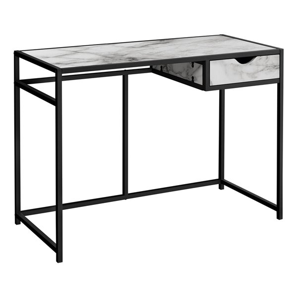 COMPUTER DESK - 42-inL / WHITE MARBLE-LOOK / BLACK METAL