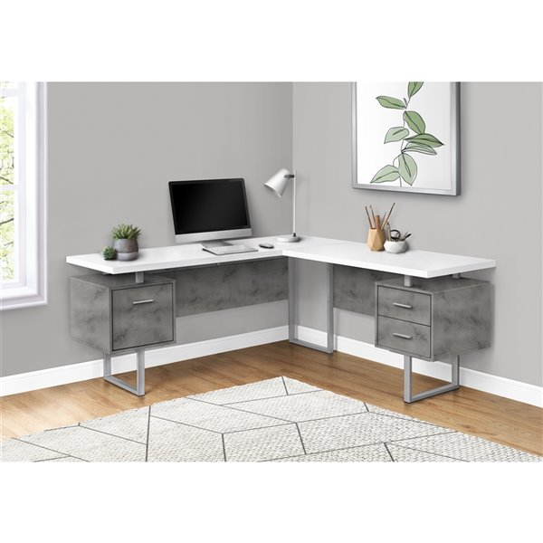 COMPUTER DESK - 70-inL / WHITE/ CONCRETE/ SILVER METAL/ L/R