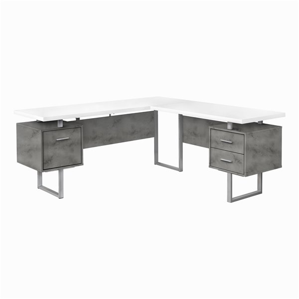 BUREAU - 70 poL / BLANC / SIMILI-CIMENT/ METAL ARGENT / GAUCHE/DROIT