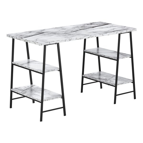 COMPUTER DESK - 48-inL / WHITE MARBLE-LOOK / BLACK METAL