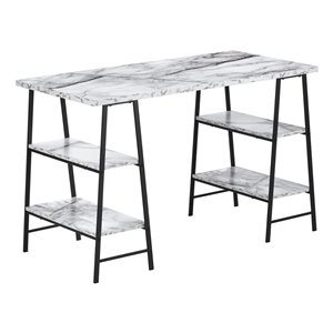 COMPUTER DESK - 48-inL / WHITE MARBLE-LOOK / BLACK METAL