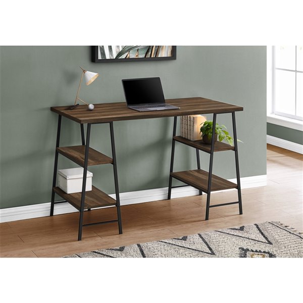 BUREAU - 48 poL / FAUX BOIS BRUN / METAL NOIR