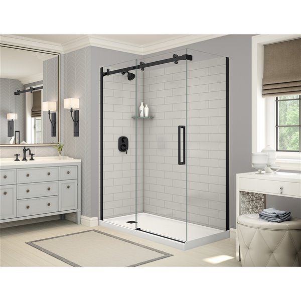 MAAX Utile 83-in x 32-in x 60-in Soft Grey and Matte Black Corner Shower Kit with Left Drain - 5-Piece