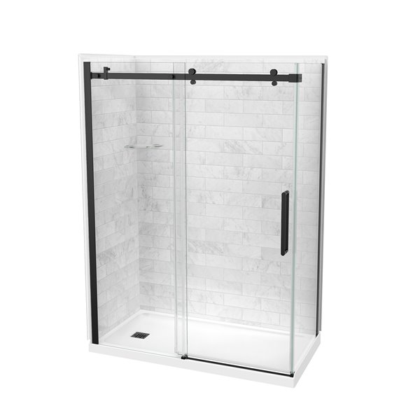 MAAX Utile 83-in x 32-in x 60-in 5-Piece Marble Carrara and Matte Black Corner Shower Kit with Left Drain