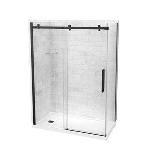 MAAX Utile 83-in x 32-in x 60-in 5-Piece Marble Carrara and Matte Black Corner Shower Kit with Left Drain