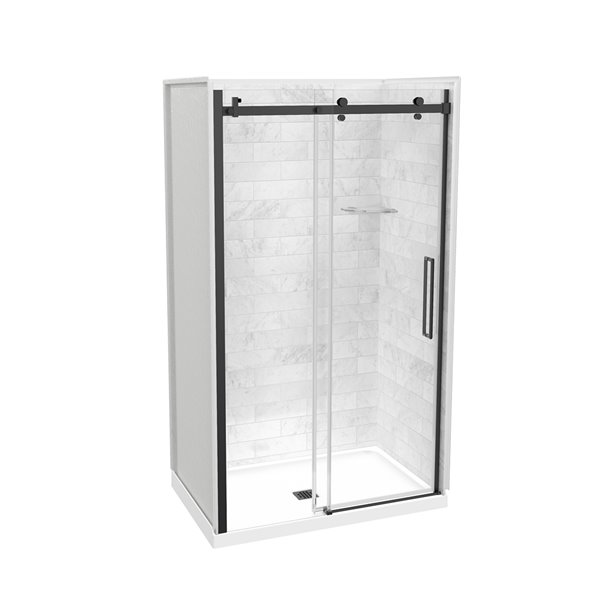 MAAX Utile 32-in x 48-in x 83-in 5-Piece Marble Carrara and Satin Black  Alcove Shower Kit with Centre Drain