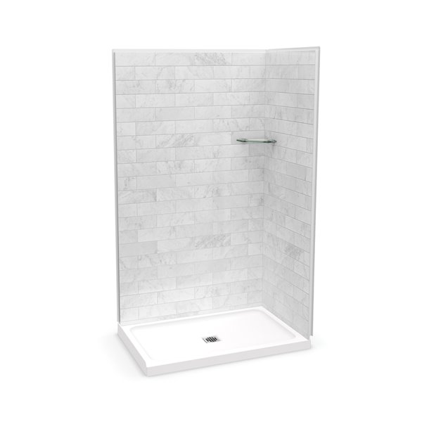MAAX Utile 83-in x 32-in x 48-in 5-Piece Marble Carrara and Matte Black Corner Shower Kit with Centre Drain