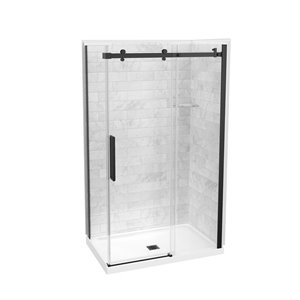 MAAX Utile 83-in x 32-in x 48-in 5-Piece Marble Carrara and Matte Black Corner Shower Kit with Centre Drain