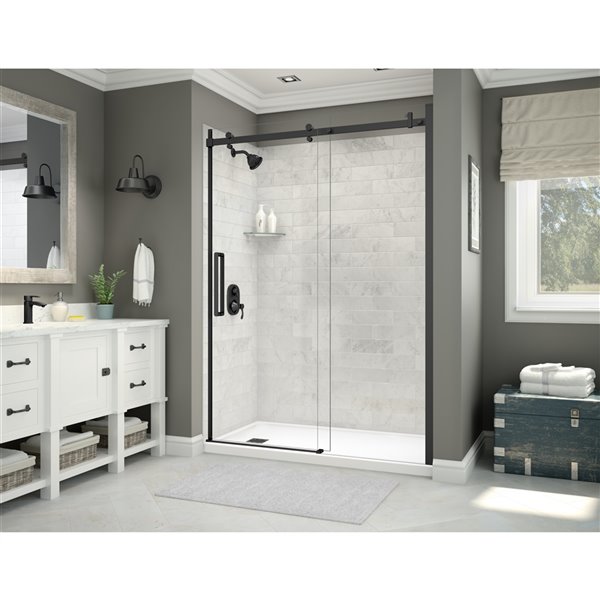 MAAX Utile 32-in x 60-in x 83-in 5-Piece Marble Carrara and Matte Black Alcove Shower Kit with Left Drain