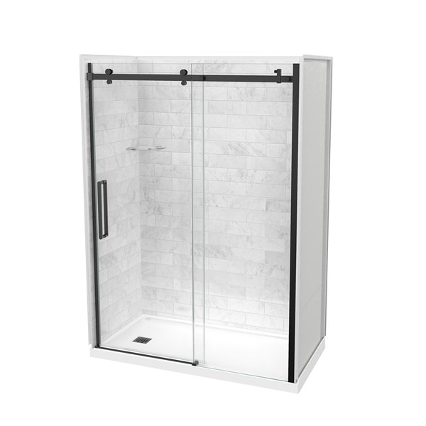 Ensemble de douche en alcôve Utile par MAAX marbre Carrara et noir mat 32 po x 60 po x 83 po drain à gauche 5 pièces