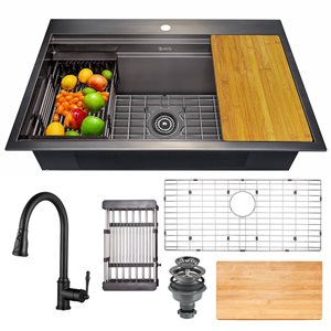 AKDY Drop-in 33-in x 22-in Gunmetal Matte Black Single Bowl Workstation Kitchen Sink All-in-One Kit - 1-Hole