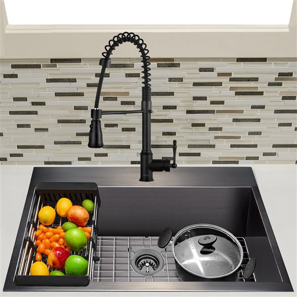 AKDY Drop-in 33-in x 22-in Gunmetal Matte Black Single Bowl 1-Hole Kitchen Sink All-in-One Kit