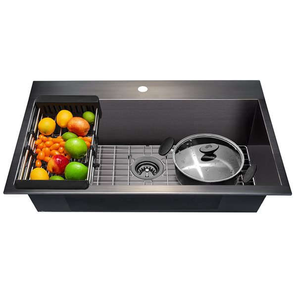 AKDY Drop-in 33-in x 22-in Gunmetal Matte Black Single Bowl 1-Hole Kitchen Sink All-in-One Kit