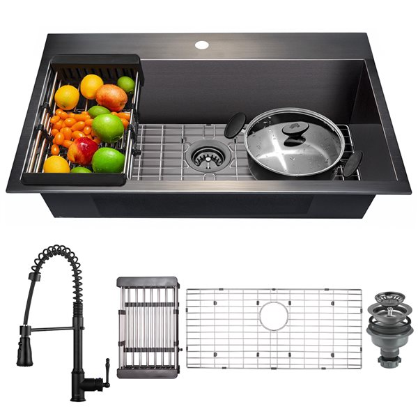 AKDY Drop-in 33-in x 22-in Gunmetal Matte Black Single Bowl 1-Hole Kitchen Sink All-in-One Kit