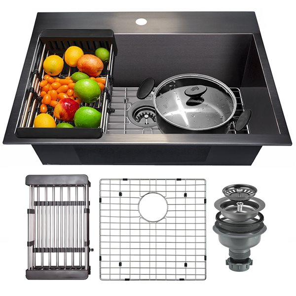 AKDY Drop-in 25-in x 22-in Gunmetal Matte Black Single Bowl 1-Hole Kitchen Sink