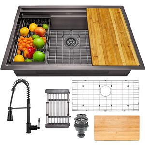 AKDY Undermount 32-in x 18-in Gunmetal Matte Black Single Bowl Workstation Kitchen Sink All-in-One Kit