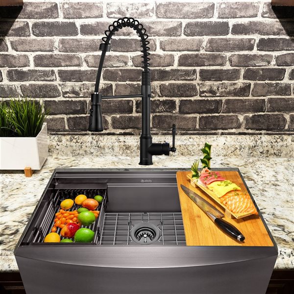 AKDY Undermount Farmhouse 33-in x 20-in Gunmetal Matte Black Single Bowl Workstation Kitchen Sink All-in-One Kit