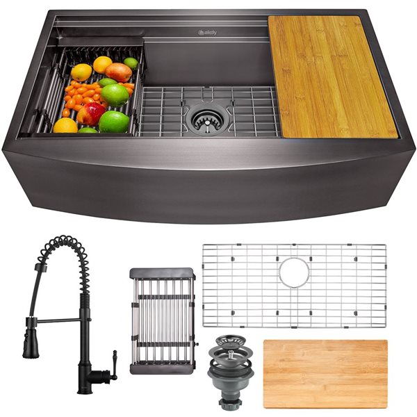 AKDY Undermount Farmhouse 33-in x 20-in Gunmetal Matte Black Single Bowl Workstation Kitchen Sink All-in-One Kit