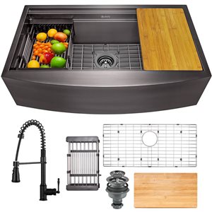 AKDY Undermount Farmhouse 33-in x 20-in Gunmetal Matte Black Single Bowl Workstation Kitchen Sink All-in-One Kit