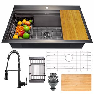 AKDY Drop-in 33-in x 22-in Gunmetal Matte Black Single Bowl 1-Hole Workstation Kitchen Sink All-in-One Kit