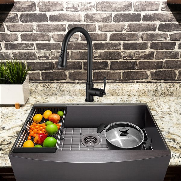 AKDY Undermount Farmhouse 33-in x 20-in Gunmetal Matte Black 1-Bowl Kitchen Sink All-in-One Kit