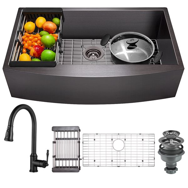 AKDY Undermount Farmhouse 33-in x 20-in Gunmetal Matte Black 1-Bowl Kitchen Sink All-in-One Kit